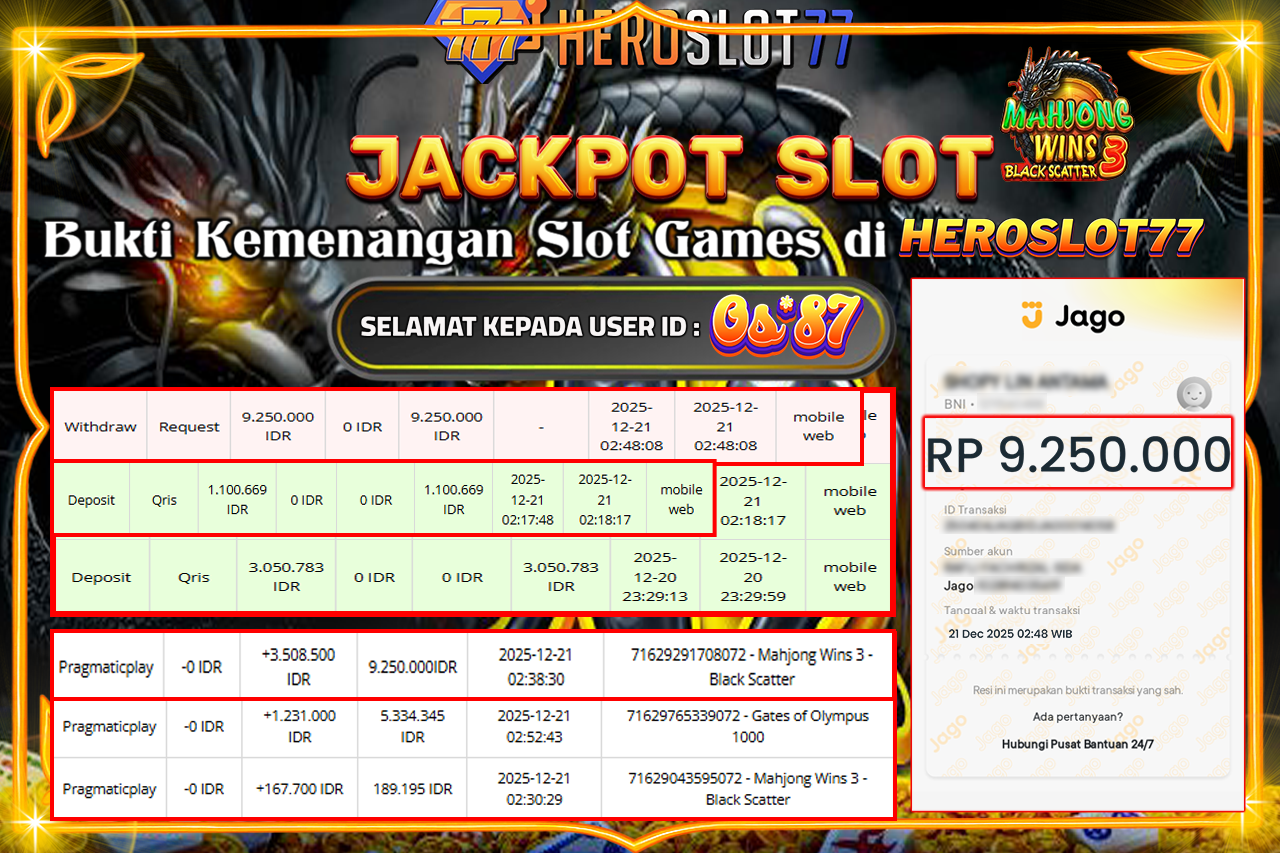 HEROSLOT77 JACKPOT MAHJONG WINS 3-BLACK SCATTER  - PRAGMATICPLAY Rp 9.250.000.- LUNAS!!!